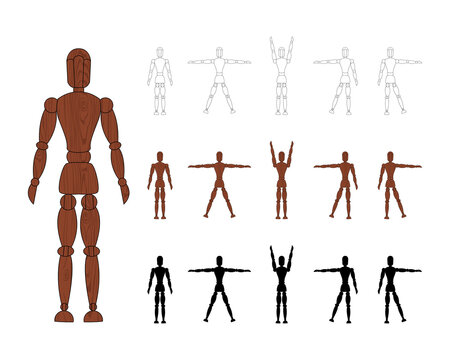 Wall Mural - Wooden man mannequin collection isolated on white background. Wood dummy with different poses. Cartoon flat toy. Vector illustration