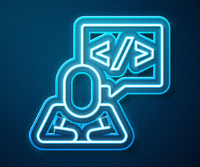 Glowing neon line Web design and front end development icon isolated on blue background. Vector
