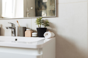 Washbasin in bathroom, bath accessories. Household, hotel cleaning concept