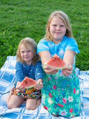 Wall Mural - Children enjoy eating delicious, red, ripe, juicy, appetizing watermelon. 