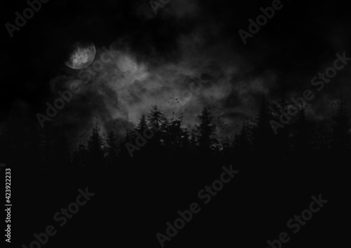 雲に隠れそうな月が少し見える風が吹く嵐の夜のモノクロイラスト Stock Illustration Adobe Stock