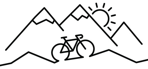 Wall Mural - Racing bike or mountain biker. Nature tourism in the mountains, travel, adventure concept. Cartoon cycling line pattern icon. Sports symbol. Cycle, bicycle logo. Cyclist on holliday, vacation. Sun