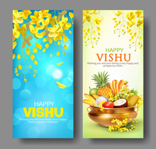 Greeting Banners With Traditional Pot (uruli) With Fruits, Mirror, Textile And Konna Flowers (cassia Fistula) - Attribute For South Indian New Year Festival Vishu (Vishukani). Vector Set.