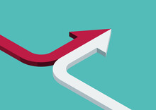 Bent Isometric Arrow Of Two Red And White Ones Merging On Turquoise Blue Background. Partnership, Merger, Alliance And Joining Concept. 3D Illustration