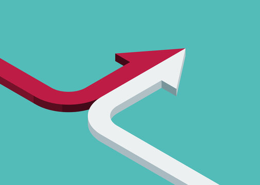 bent isometric arrow of two red and white ones merging on turquoise blue background. partnership, me