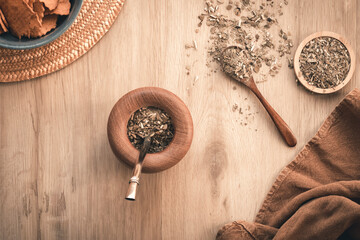 Argentine mate and yerba mate on wooden background