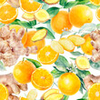 © cosmicanna - Watercolor seamless pattern orange fruit ginger isolated on white background.