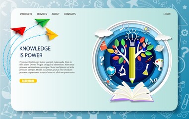 Wall Mural - education landing page design, website banner template. vector illustration in paper art style.