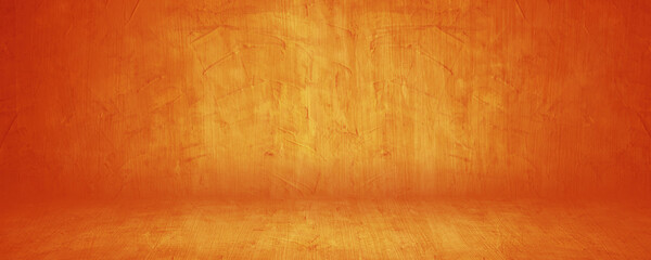 Wall Mural - Horizontal yellow and orange grunge texture cement studio or concrete wall banner showroom blank background