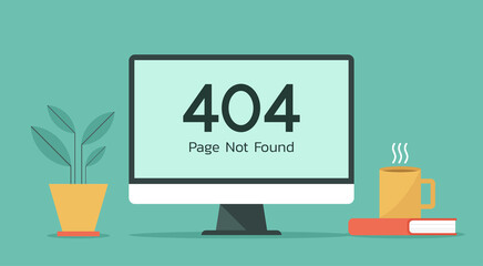Error 404 web page not found on computer concept, vector flat design illustration