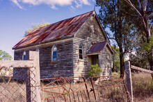Deserted And Decaying Old Abandoned Wooden Church With Rotting Walls And Floor In Country Australia.