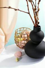 Sticker - Happy Easter eggs and branches seals in a vase with drapery fabric