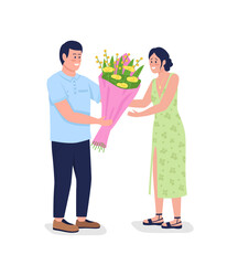 Wall Mural - Caucasian man giving happy woman flowers flat color vector detailed characters. Boyfriend with bouquet. Receive romantic gift isolated cartoon illustration for web graphic design and animation