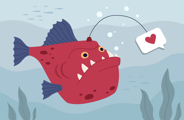 Angler fish with heart-shaped bait. The concept of click byte and cheat likes. Addiction to social approval