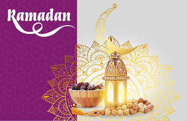 Wall Mural - Muslim lamp and tasbih with dates on white background