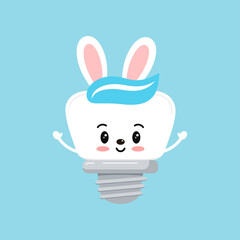 Wall Mural - Easter tooth dental implant icon isolated. Orthodontist dentistry tooth character with easter bunny ears. Flat design cartoon vector clip art dental kid illustration.