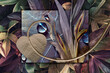 Botanical background with foliage and stems, dew drop and frame, abstract composition.