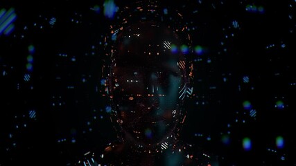 Technology 3d render of a head surrounded with abstract graphic elements as particles. Artificial intelligence concept. Dark gamma with blue color. Loop animation.