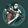 Silhouette of carpenter or axeman. Woodworker and logger with axe in his hands. Logo of beardeded lumberjack