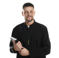 Wall Mural - Priest with Bible and cross on white background