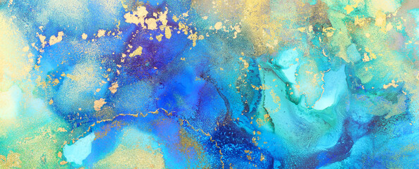 Wall Mural - art photography of abstract fluid art painting with alcohol ink, blue, green, yellow and gold colors