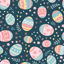 Cute Colorful Easter Seamless Pattern With Doodle Easter Eggs And Cute Little Flowers, Great For Easter Textiles, Wallpapers, As Background For Cards, Invitations - Vector Design