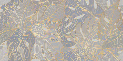 Wall Mural - Floral seamless pattern with tropical leaves. Nature lush background. Flourish garden texture with line art leaves