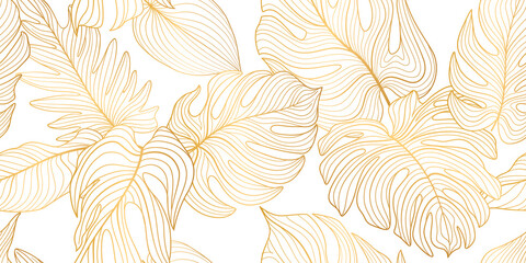 Wall Mural - Floral seamless pattern with tropical leaves and flowers. Nature lush background. Flourish garden texture with line art leaves
