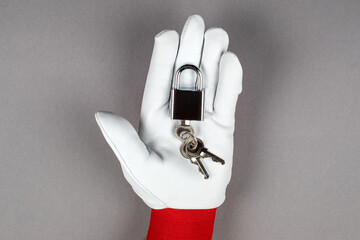 Wall Mural - data security and protection. hand with leather glove and padlock on a gray background