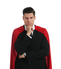 Wall Mural - Man wearing superhero cape on white background