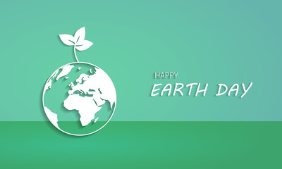 Happy earth day. Paper cut planet on green background, vector