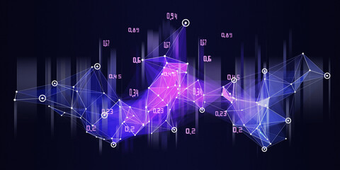 abstract background with chaotic polygonal color grid and blurred data on dark. futuristic technolog