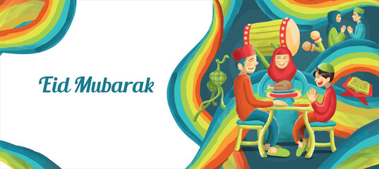 Wall Mural - Eid Mubarak Islamic Holyday Colorful Hand Drawn Illustration