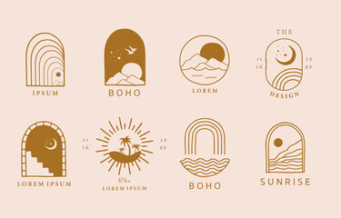 Wall Mural - collection of line design with sun,sea,wave.editable vector illustration for website, sticker, tatto