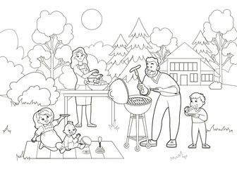  Coloring book: Happy family preparing a barbecue on the lawn near the house among the trees. Mother, Father, Daughter, Son and baby are frying sausages. Vector Illustration Cartoon Style Black White