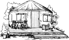 Hand Drawn Monochromatic Tourist Camping Yurt Sketch With Chairs On Terrace And Trees On White Background