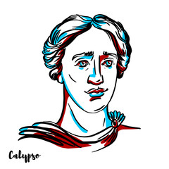 Calypso engraved vector portrait with ink contours on white background. The nymph in Greek mythology, who lived on the island of Ogygia, where  she detained Odysseus for seven years.