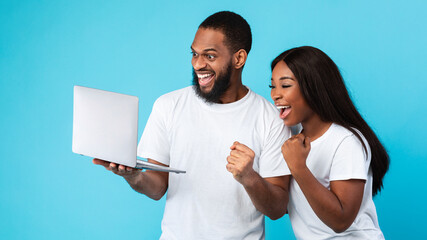Wall Mural - Black couple using laptop celebrating success shaking fists