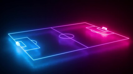 neon soccer field rotates, spinning virtual 3d playground scheme perspective view looping animation,