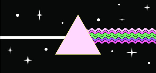 Wall Mural - flat cartoon-style illustration with a triangular optical prism dispersing light. psychedelic 70's m