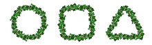 Ivy Leaves Garlands. Set Of Decorative Floral Frame Borders. Circular, Square And Triangula Shape. Summer Green Ivy Foliage Branches Isolated On Shite Background. Vector Illustration