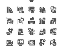 Polygraphy. Plotter Printing. Color Swatches. Outdoor Advertising. Typography, Press, Machine, Scanner, Equipment, Industry And Printery. Vector Solid Icons. Simple Pictogram