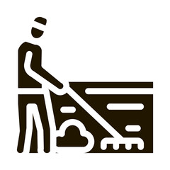 Sticker - cleaning man with rake glyph icon vector. cleaning man with rake sign. isolated symbol illustration