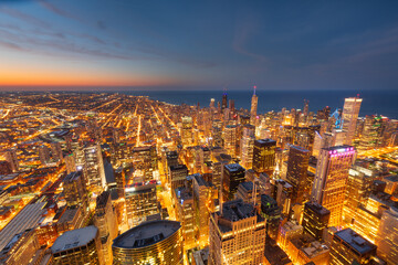 Chicago, Illinois USA aerial skyline towards Lake Michigan