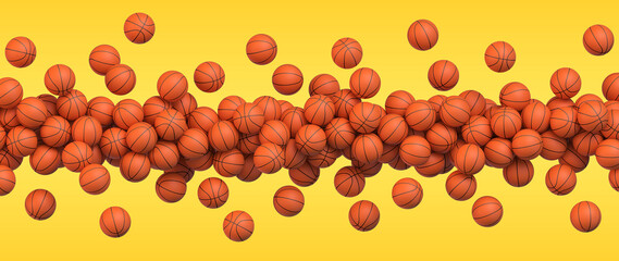 Wall Mural - Basketball flying balls. Many orange basketball balls flying over yellow background. Realistic vector background