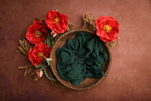  Newborn Photography Digital Background Prop. Wicker Basket With Green Fur And Red Flowers On A Painted Canvas.