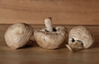 Drei Pilze: Weiße Champignons (Zuchtchampignon - Lat.: Agaricus bisporus)