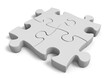 3D rendering of a group of four interlocked puzzle pieces on a white background