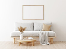 Horizontal Poster Mockup With Wooden Frame In Living Room Interior With Sofa, Beige Pillow, Dried Pampas Grass On Caned Table And Japandi Decor On Empty Wall Background. 3D Rendering, Illustration