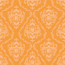 Vector Orange Damask Repeating Pattern. Climbing Plant Arabesque Seamless Illustration Background.